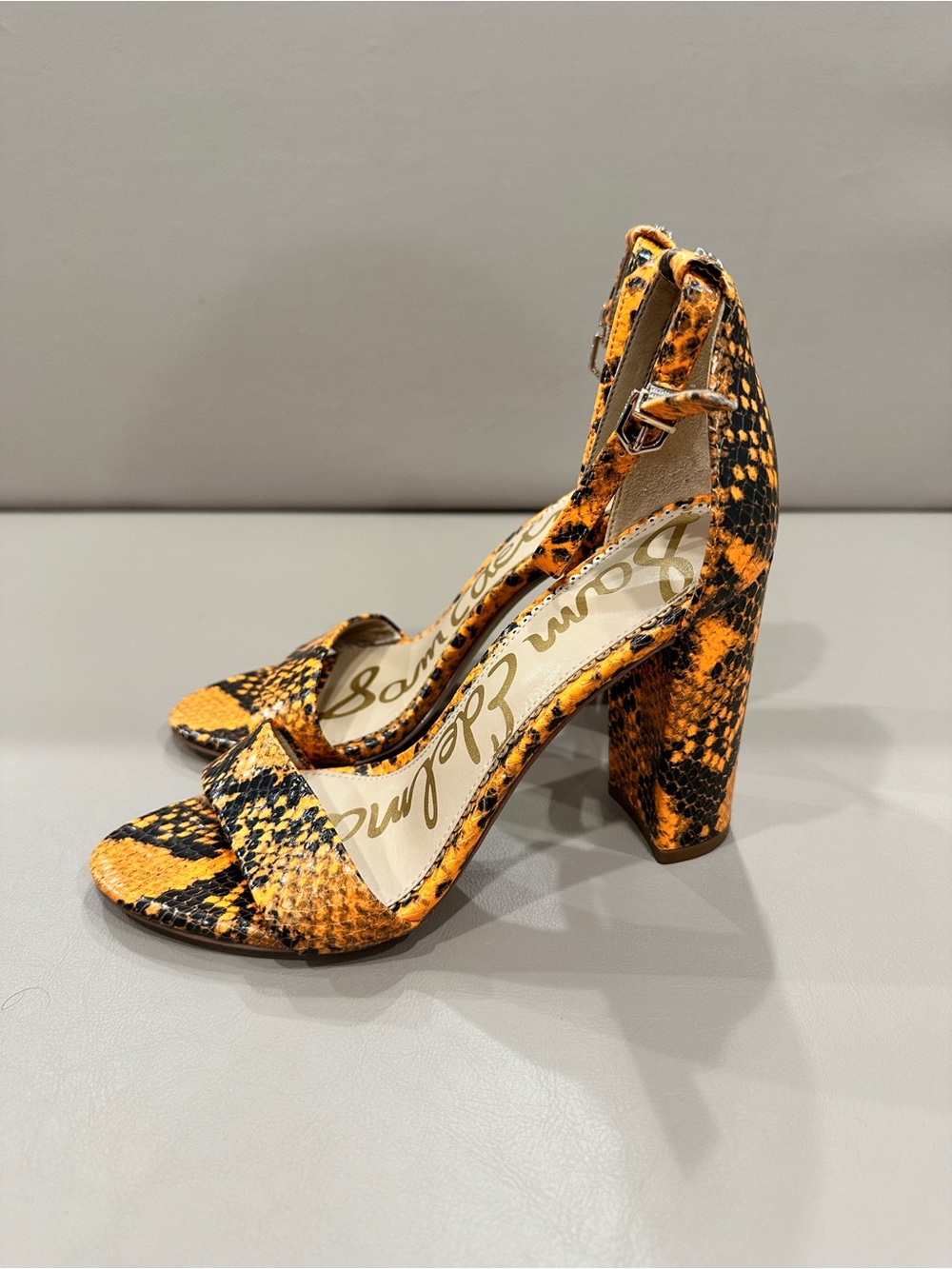 Sam Edelman Yellow-Black Snake Print Ankle-Strap Heels - Picture 3 of 10